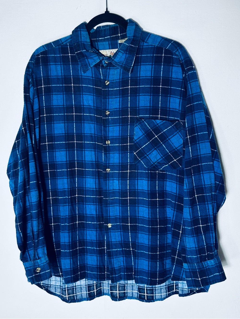 Vintage Big Valley Blue Plaid Long Sleeve Flannel Button Up Shirt XL 90s Grunge